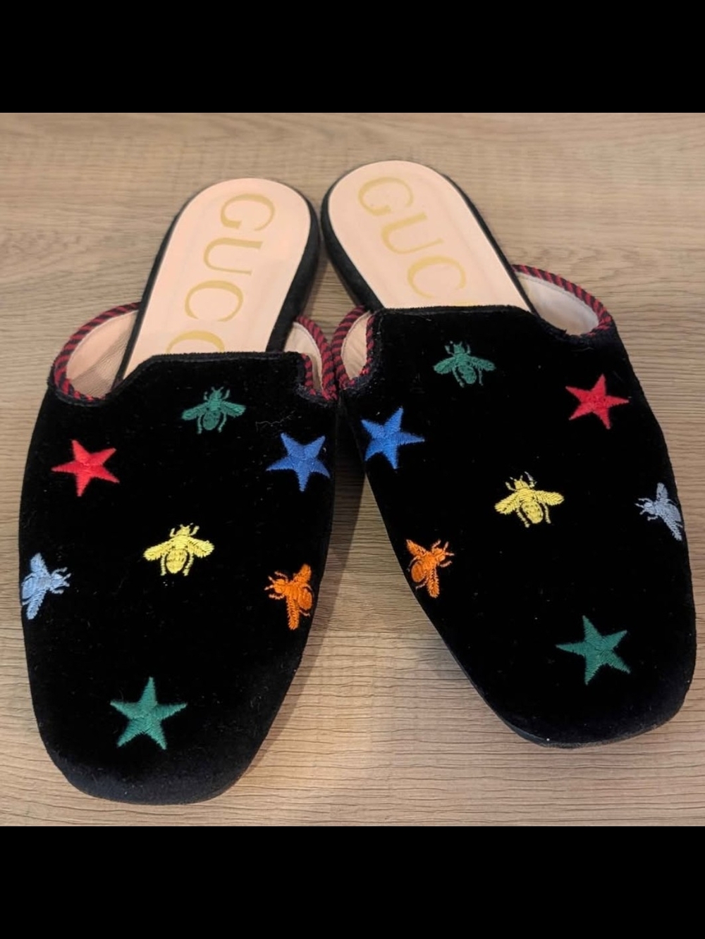 Gucci Black Velvet Slide-On Flats with Multicolor Bee & Star Embroidery